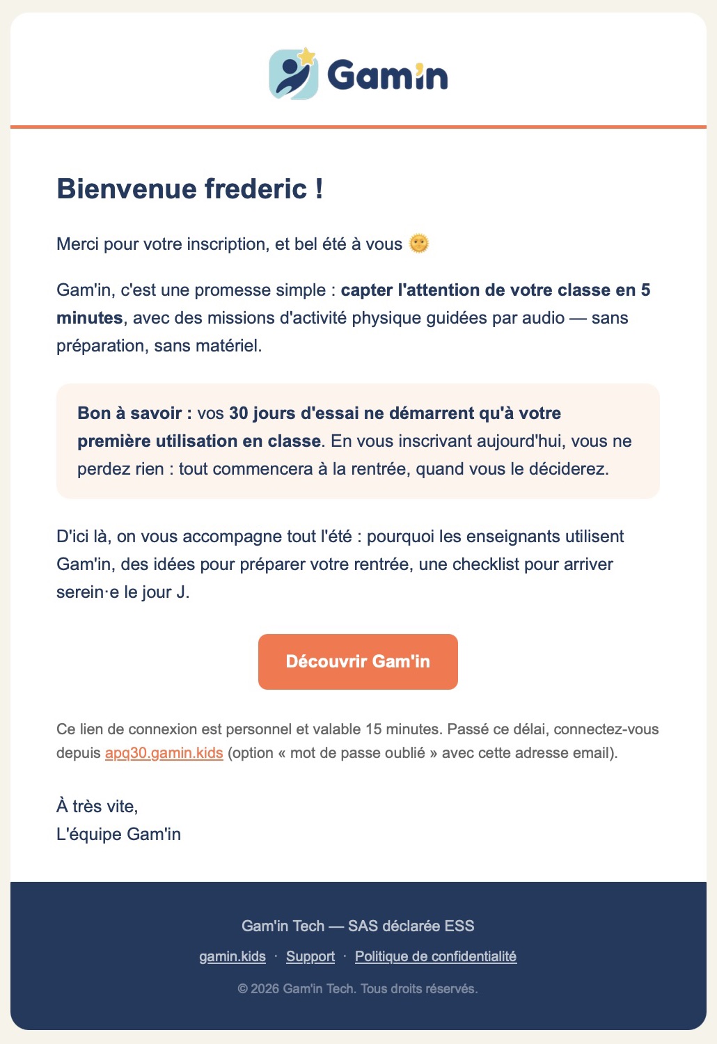 Email de bienvenue contenant le lien d'accès à Gam'in