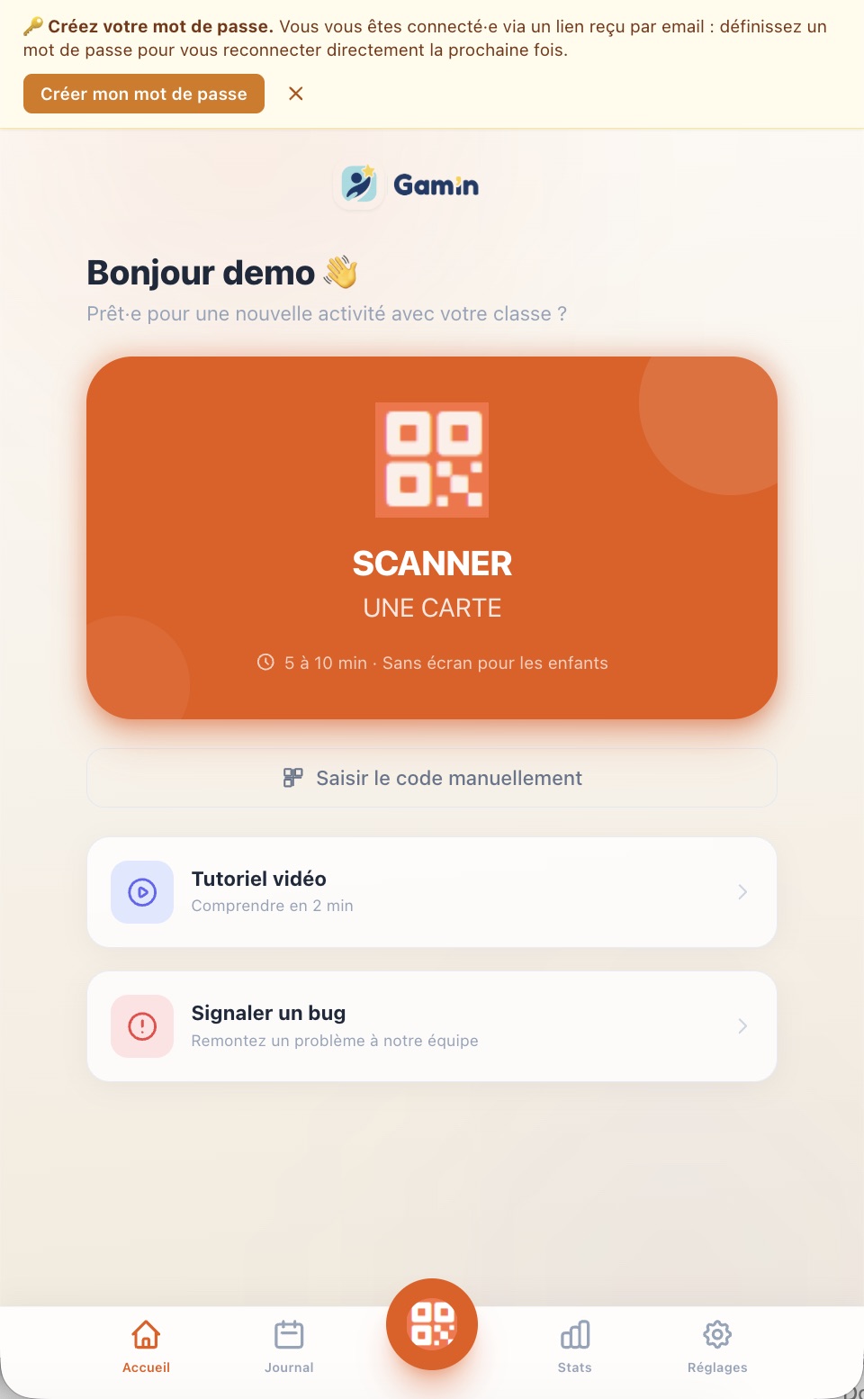 Tableau de bord Gam'in avec le bouton Scanner une carte