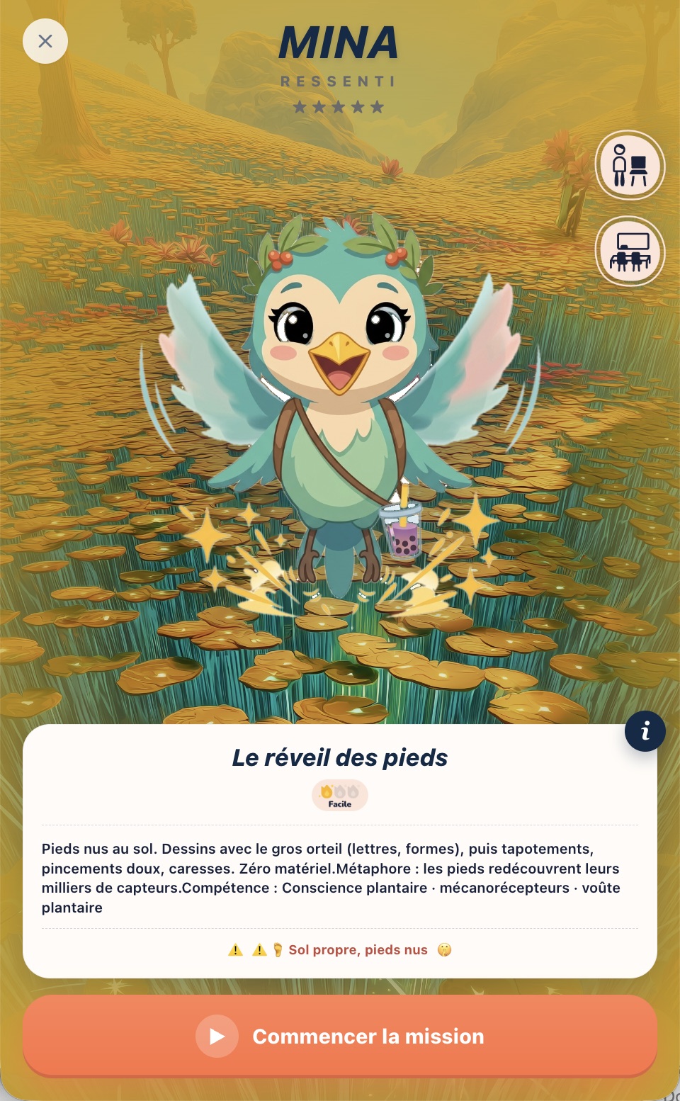 Fiche mission Le réveil des pieds avec Mina