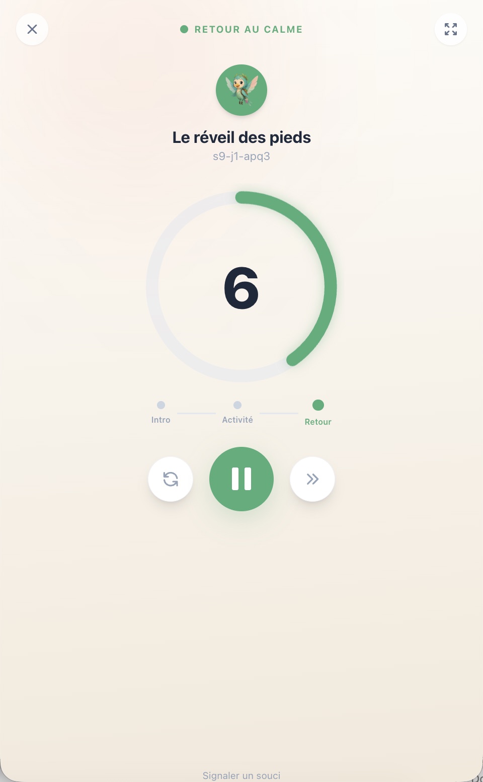 Phase Retour au calme avec le chrono en vert