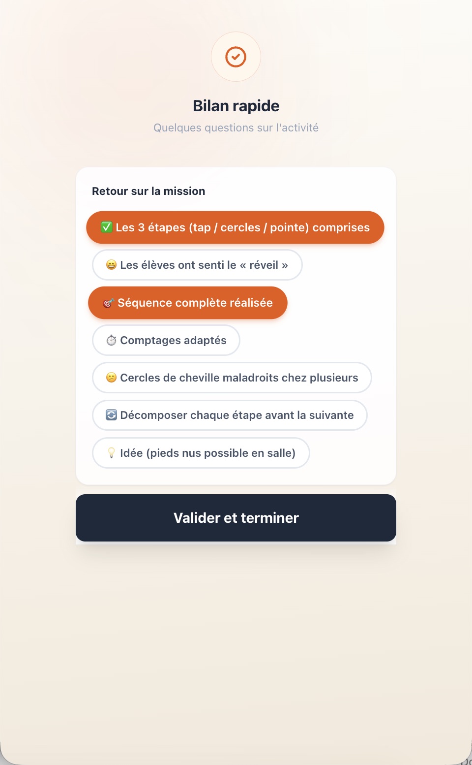 Écran Bilan rapide avec les étiquettes de retour