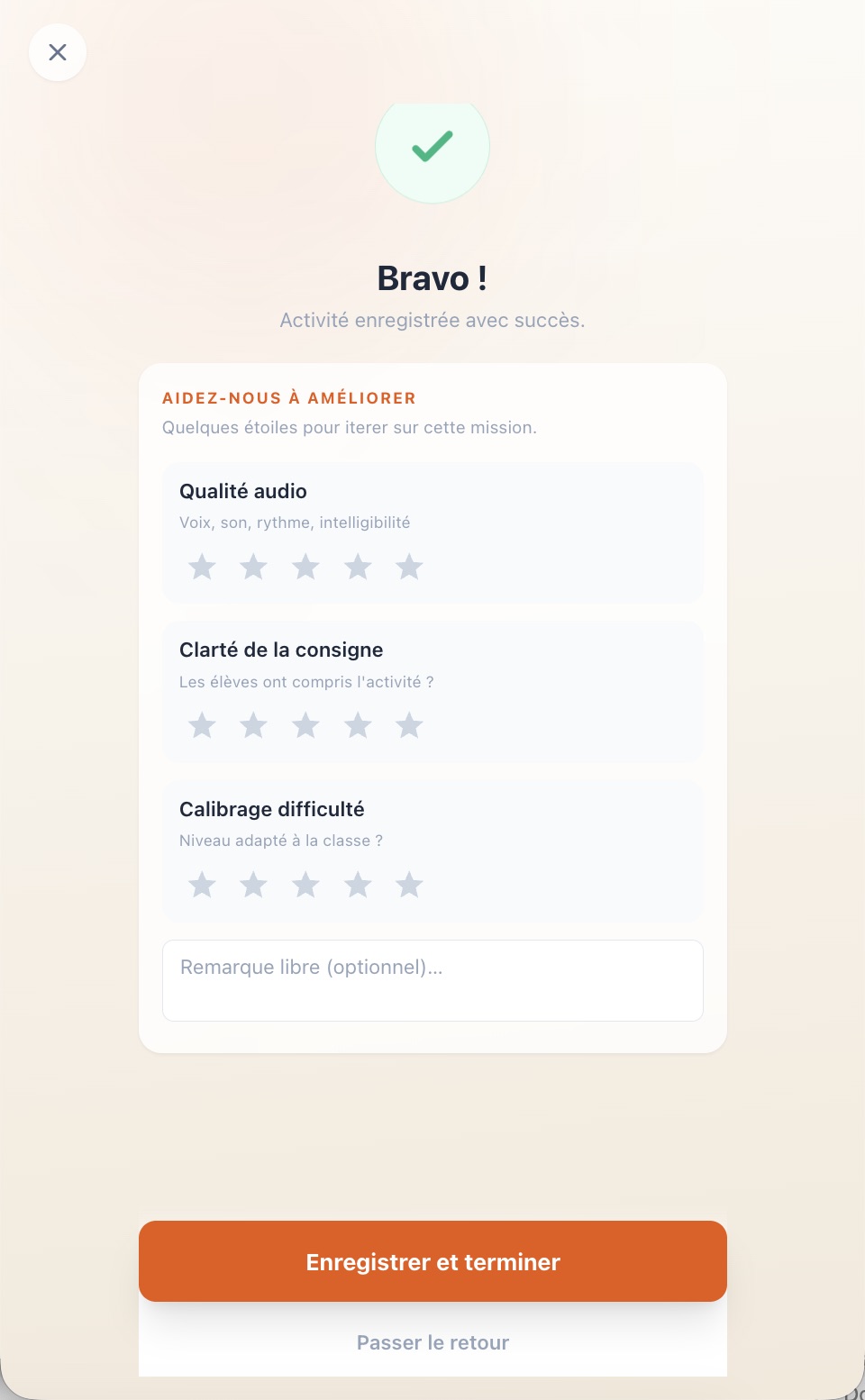 Écran Bravo ! avec les notes en étoiles