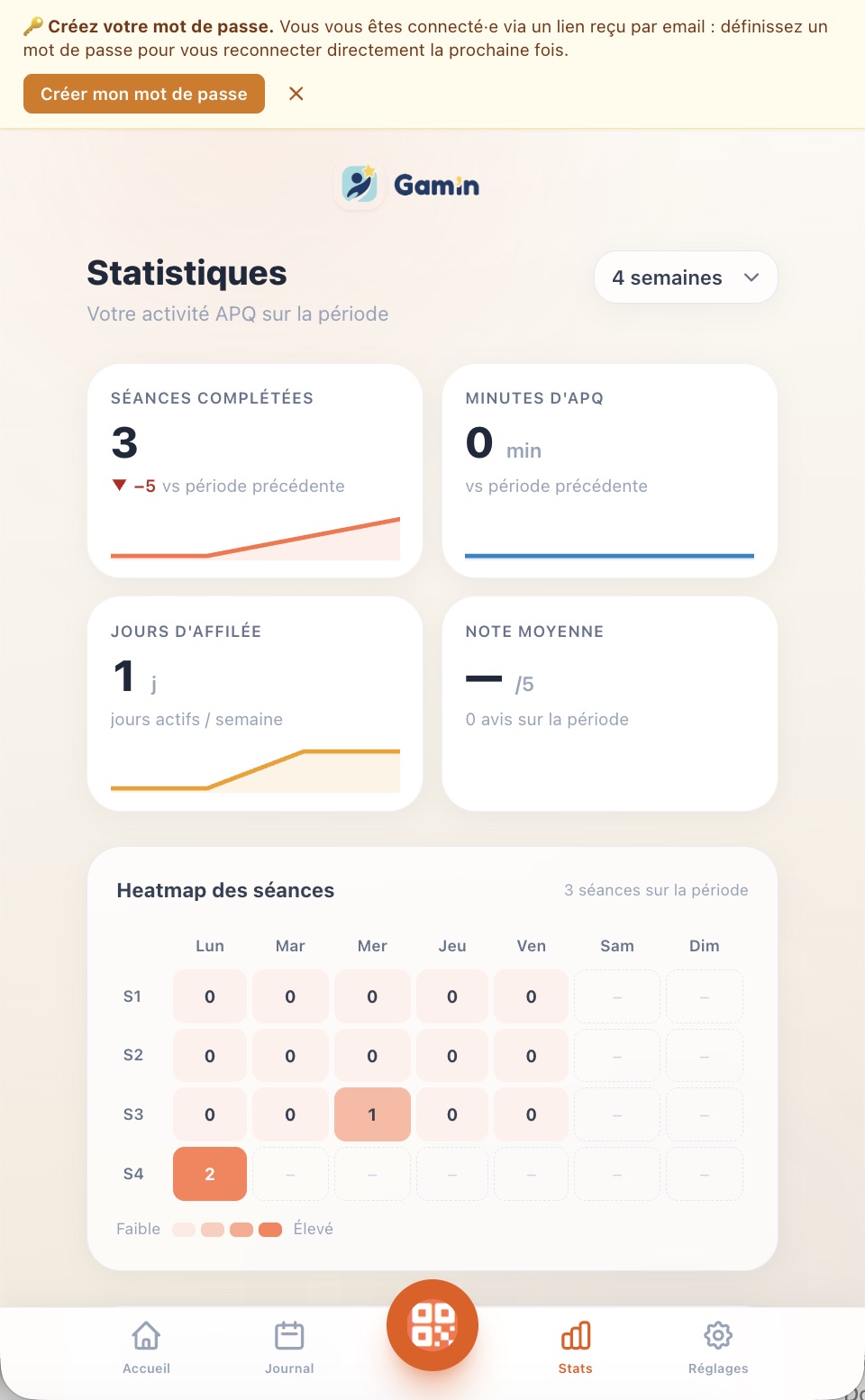Écran Statistiques avec séances, minutes, heatmap