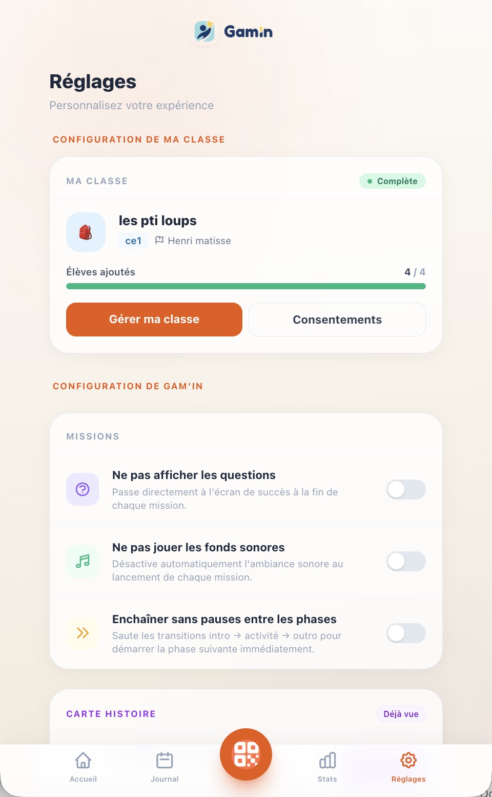 Écran Réglages avec la carte Ma classe et les options Missions