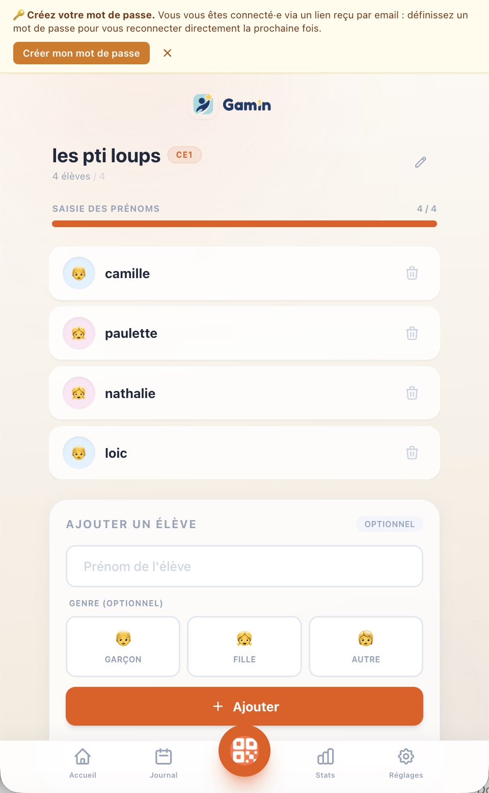 Écran Ma classe avec la liste des prénoms
