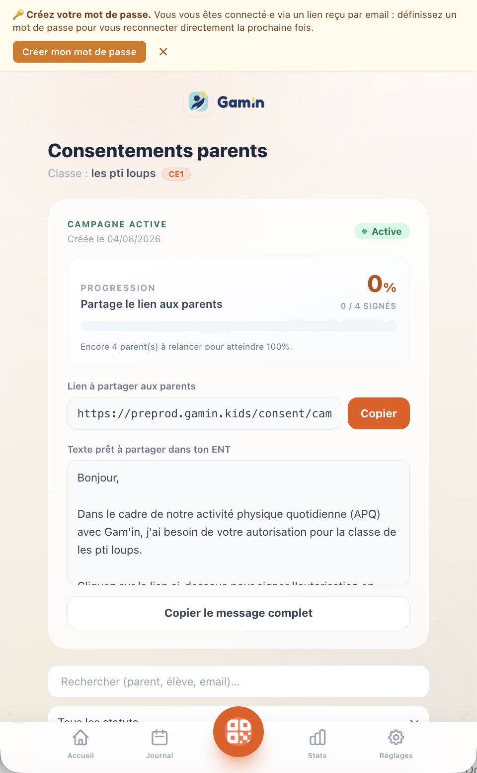 Écran Consentements parents avec le lien à partager