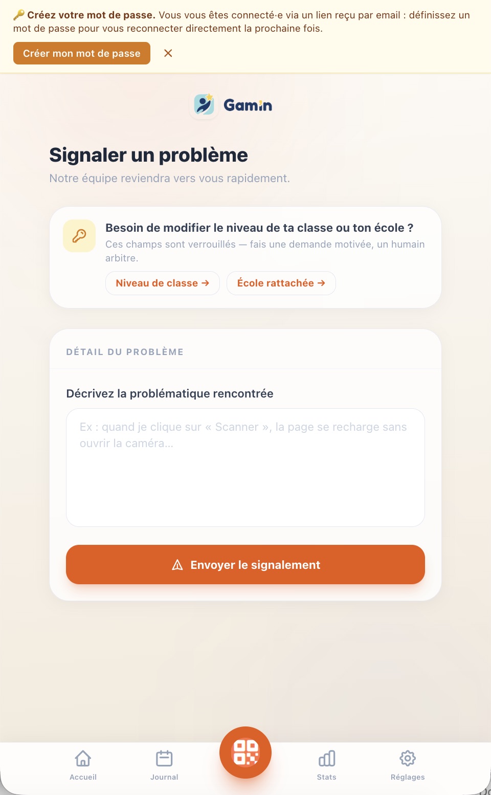 Écran Signaler un problème