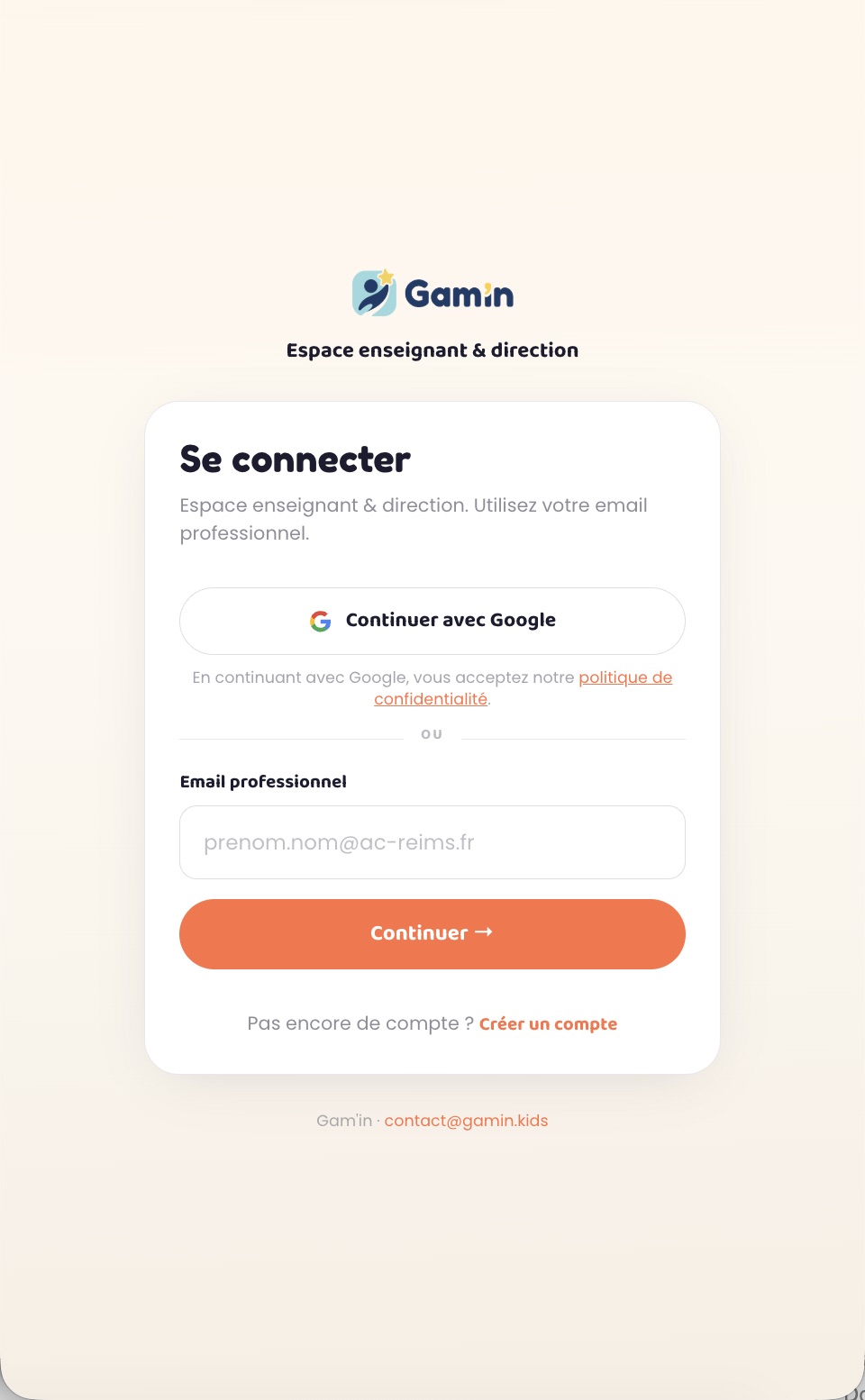 Écran Se connecter de l'app Gam'in