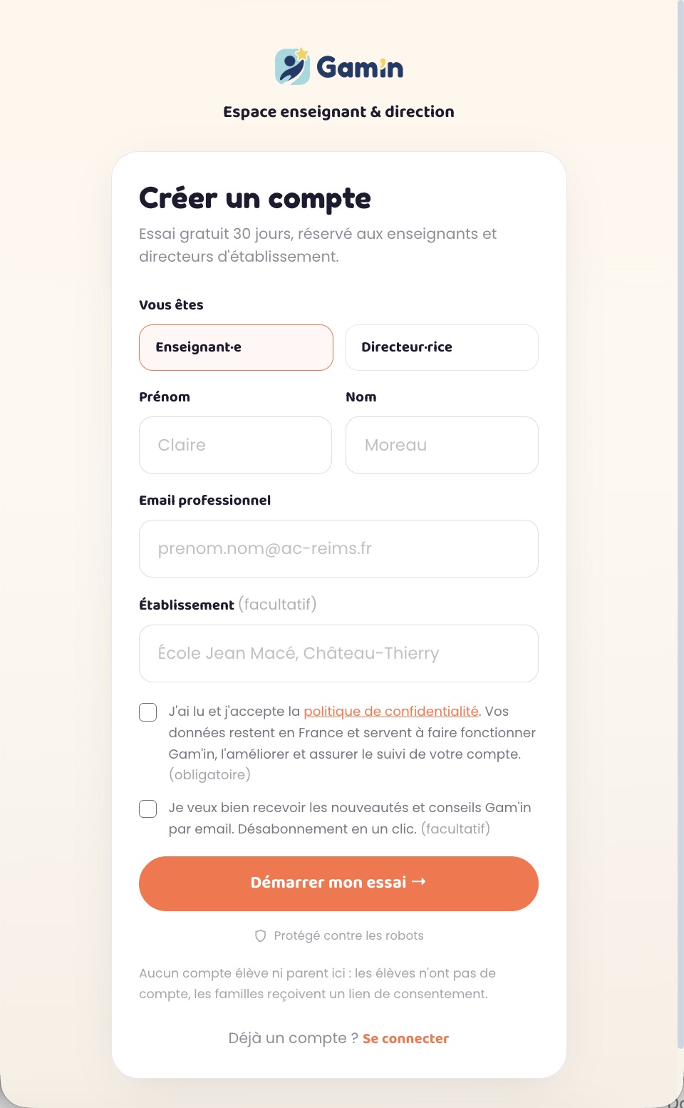 Formulaire Créer un compte dans l'app Gam'in